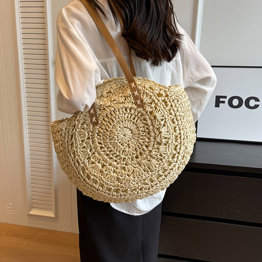 Luigia | Bolso Redondo de Paja Trenzada con Diseño — Beige Natural