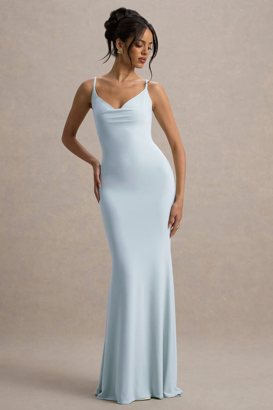 Francoise | Vestido Largo Azul Pastel Con Cuello Cowl, Espalda Descubierta E Inserción De Encaje