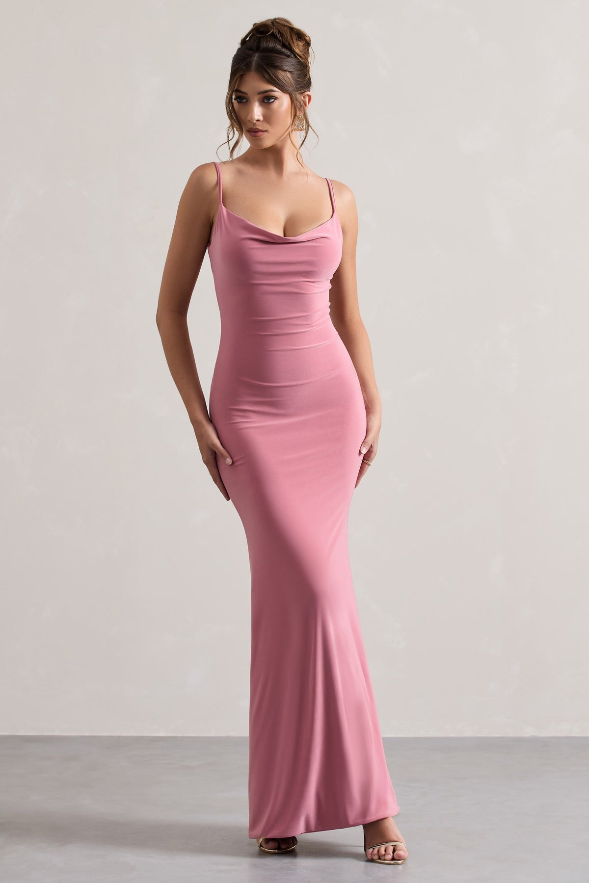 Francoise | Vestido Largo Rosa Palo De Cuello Drapeado Con Espalda Descubierta E Inserción De Encaje