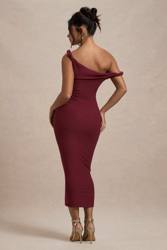 Salome | Vestido Midi burdeos con escote asimétrico retorcido