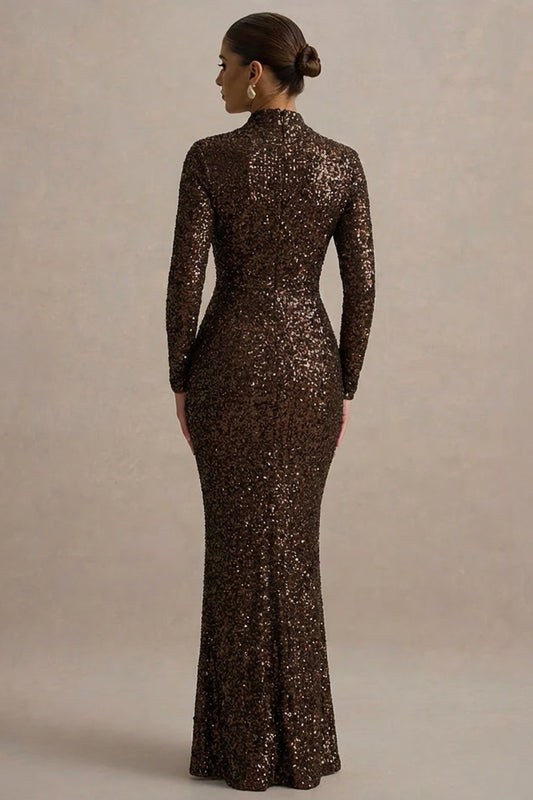 Galaxy | Vestido Largo Marrón de Lentejuelas con Cuello Cisne y Mangas Largas