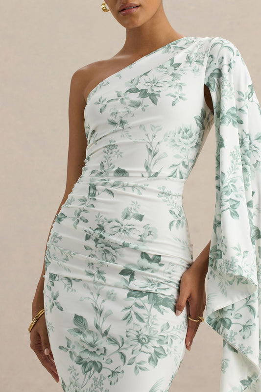 Clementina | Vestido largo verde con estampado de porcelana y manga tipo capa asimétrica