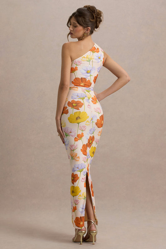 Dalarie | Vestido Largo Asimétrico de Un Hombro con Estampado Floral y Fruncido