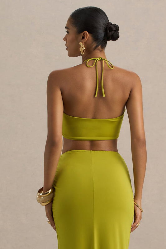 Alani | Top con escote bandeau verde con cuello halter fruncido