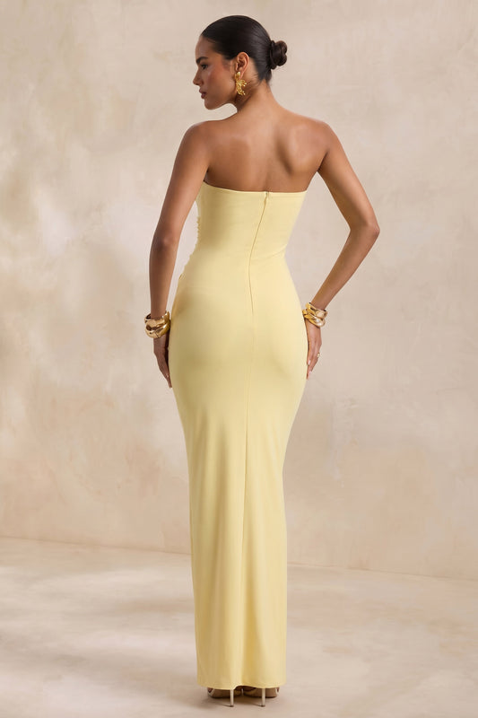 Ali | Vestido Largo color limón con escote corazón y detalle drapeado