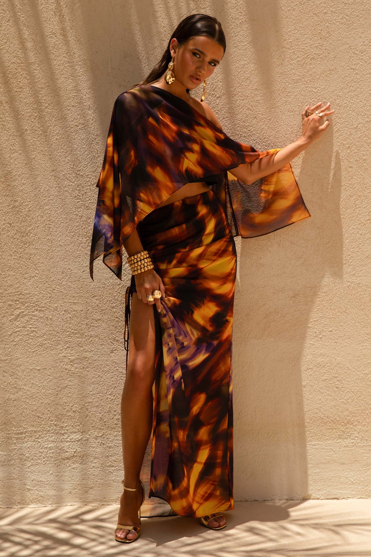 Nadine | Falda larga de chiffon con abertura con Cordón ajustable degradada