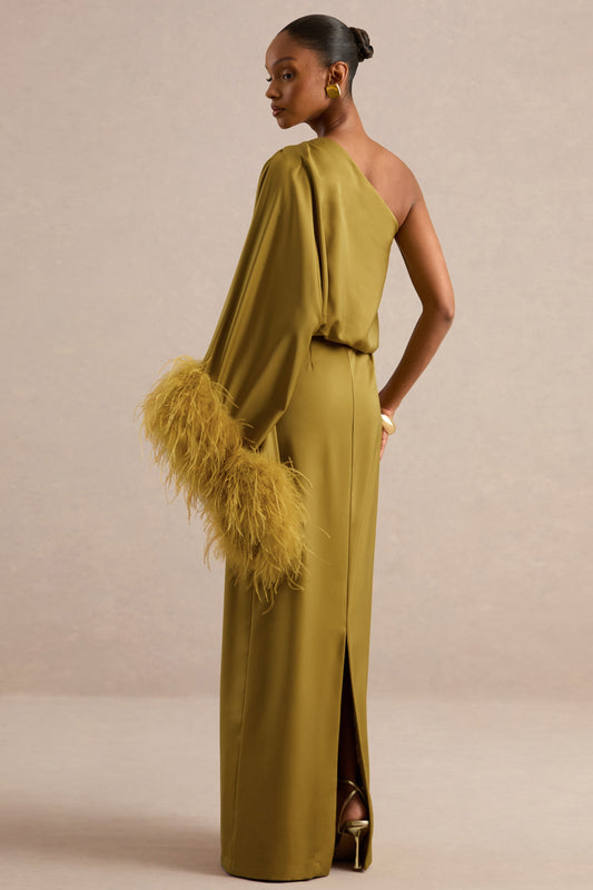 Felicity | Vestido Maxi Verde Oliva De Satén Con Escote Asimétrico Y Detalle De Plumas