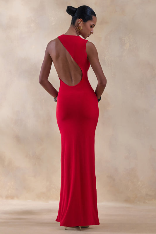Neile | Vestido largo rojo con cintura cruzada asimétrica y detalle de cinturón