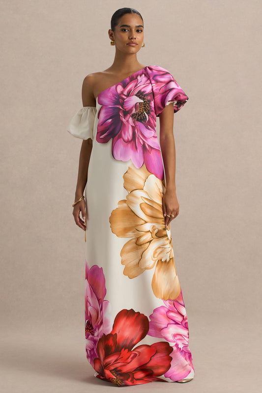 Anastasia | Vestido Largo Asimétrico Con Estampado Floral Grande y Detalle Fruncido