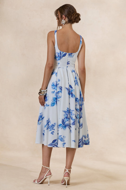Lissa | Vestido Midi Azul Con Estampado Floral De Cuello Cuadrado