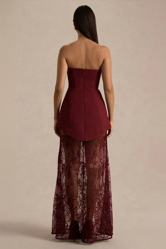 Brandi | Vestido largo burdeos bandeau con falda de encaje