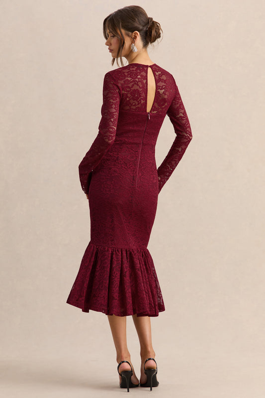 Camilly | Vestido Midi Sirena Burdeos de Encaje con Escote Profundo.