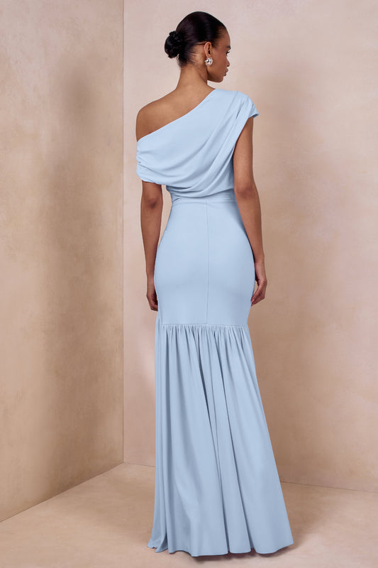 Kady | Vestido Largo Azul con Escote Asimétrico y Detalle Fruncido
