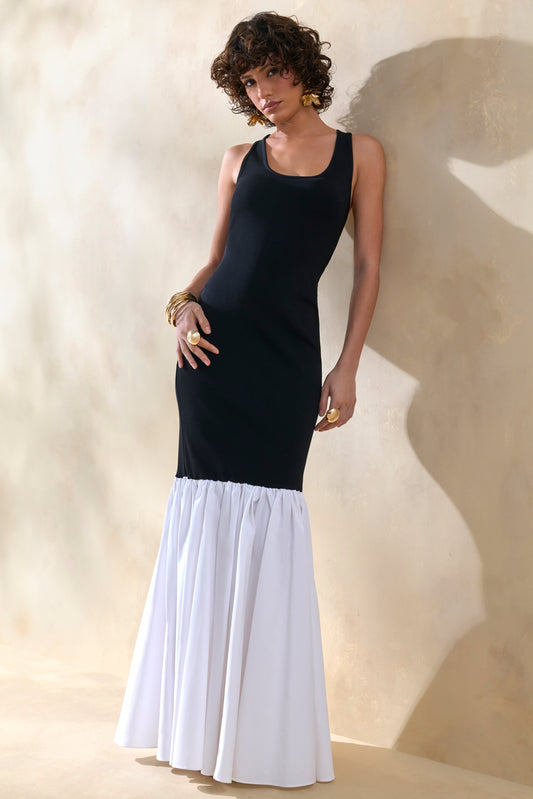 Lexi | Vestido Largo Negro Y Blanco De Jersey Acanalado Con Escote Cuadrado Y Bajo Sirena