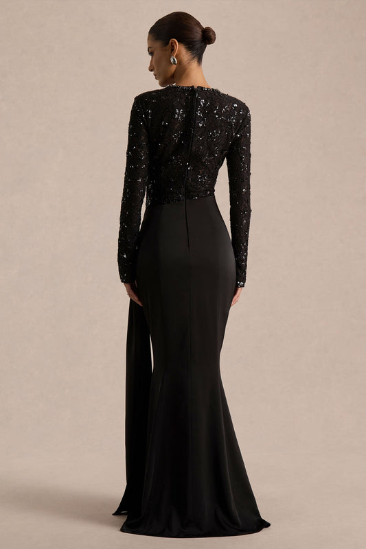 Beau | Vestido Largo de Encaje Negro con Escote Alto y Detalle Drapeado