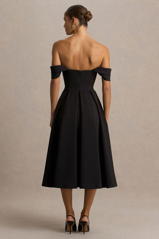 Cosima | Vestido midi negro con escote bardot