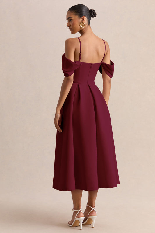 Cosima | Vestido midi burdeos con escote bardot