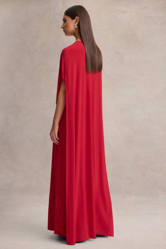 Romilly | Vestido Largo Rojo con Escote Profundo y Detalle Fruncido