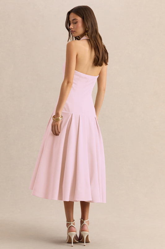 Elise | Vestido Midi Rosa Claro Con Escote Profundo Y Cintura Baja