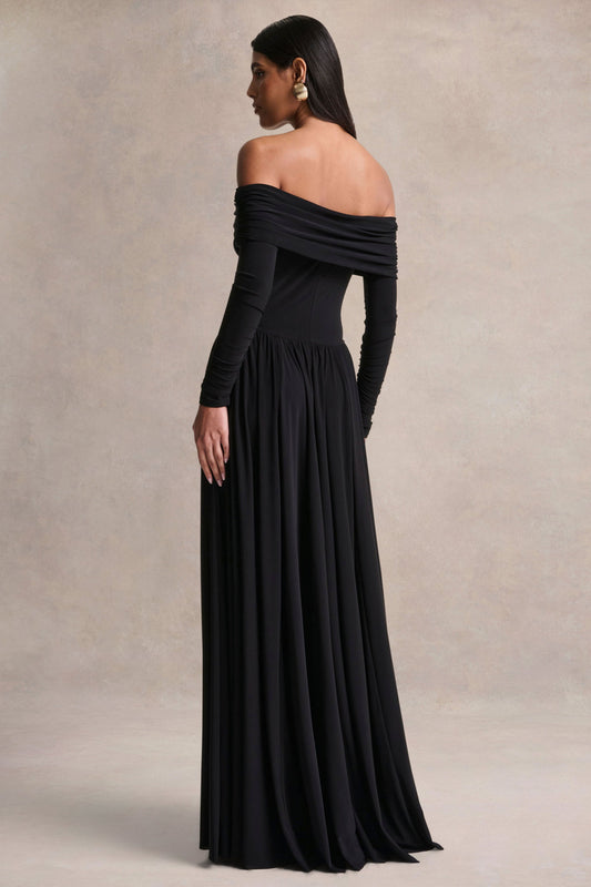 Saskia | Vestido largo negro de cuello Bardot