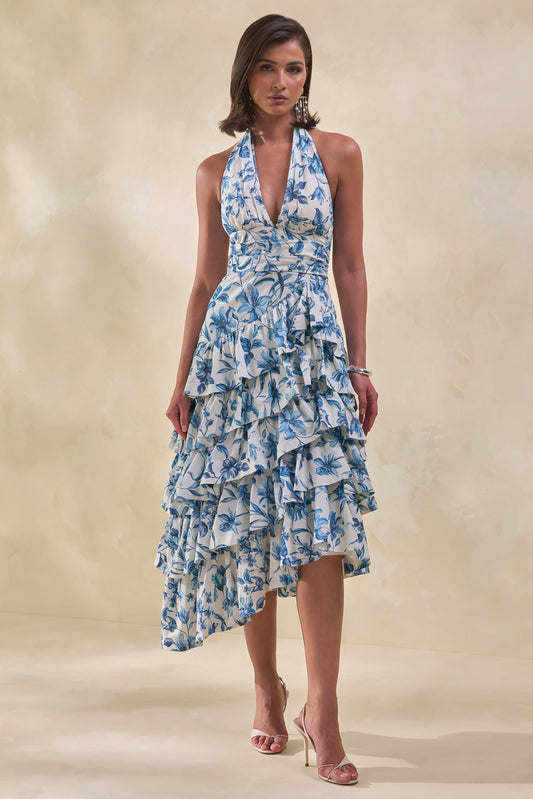 Velora | Vestido Midi Azul Porcelana Con Escote Halter Y Falda De Volantes Escalonados
