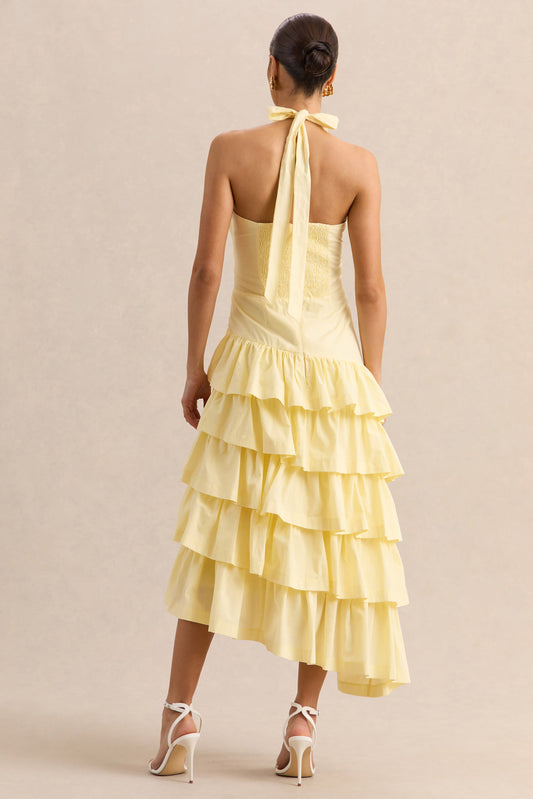 Velora | Vestido Midi Limón Con Escote Asimétrico Y Falda De Volantes En Capas