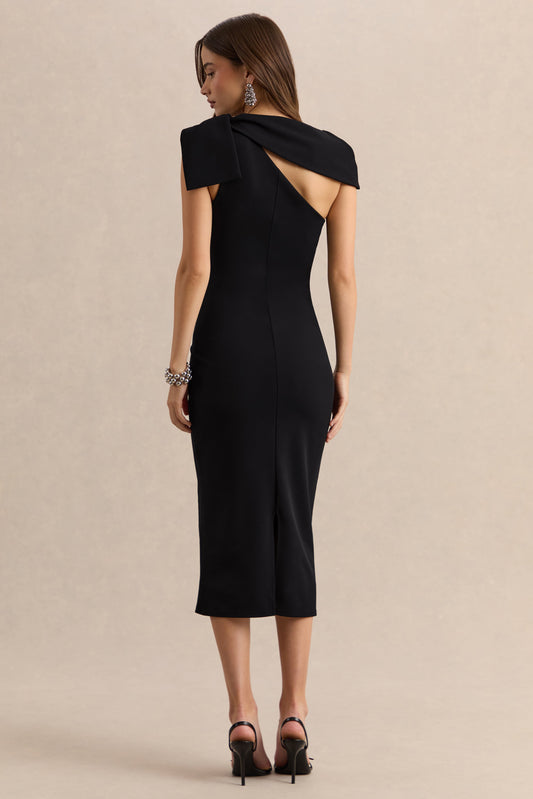 Clarina | Negro Escote Asimétrico Vestido Midi con Detalle de Lazo