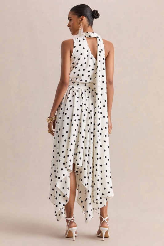 Caluna | Vestido Midi De Satén De Lunares Blanco Y Negro Con Escote Asimétrico Y Detalle De Pañuelo