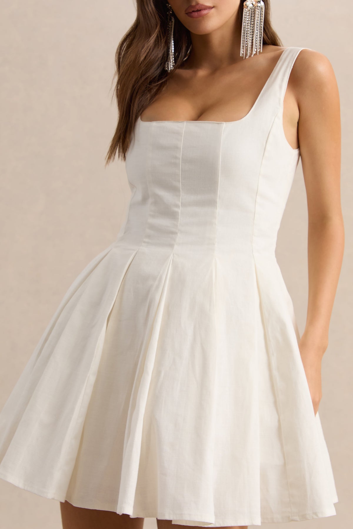 Brioria | Vestido Corto Blanco De Efecto Lino Con Escote Cuadrado Y Falda Skater