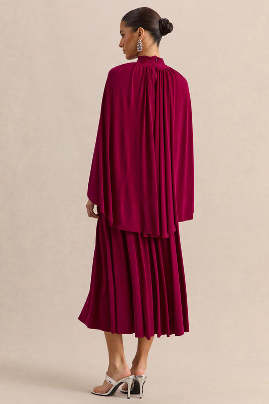 Honora | Vestido midi burdeos de escote alto con mangas tipo capa