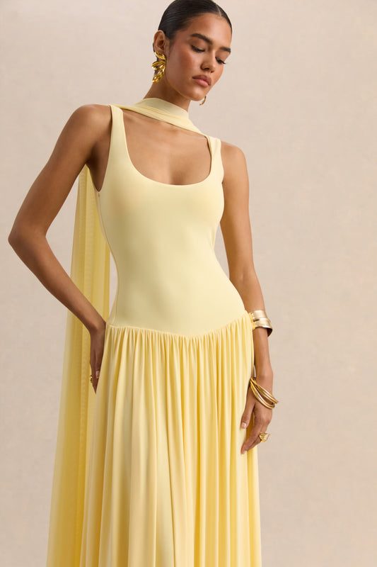 Aurina | Vestido Largo Color Limón Con Escote Cuadrado Y Capa
