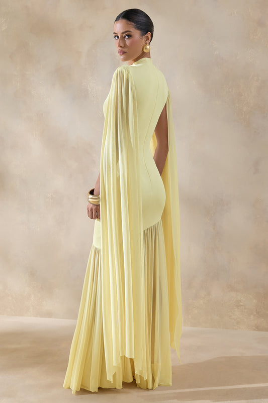 Chantelle | Vestido largo de cuello alto en amarillo limón con cintura caída y mangas tipo capa