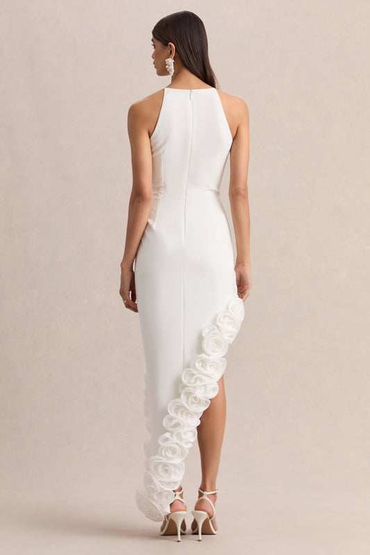 Indira | Vestido Largo Blanco Con Escote Halter Y Dobladillo Floral Asimétrico