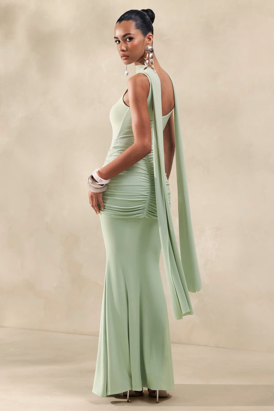 Solyra | Vestido Largo Menta De Cuello Cuadrado Con Faja Y Detalle Capa