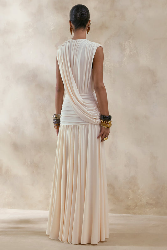 Glorina | Crema Escote Pronunciado Vestido Largo con Detalle Drapeado