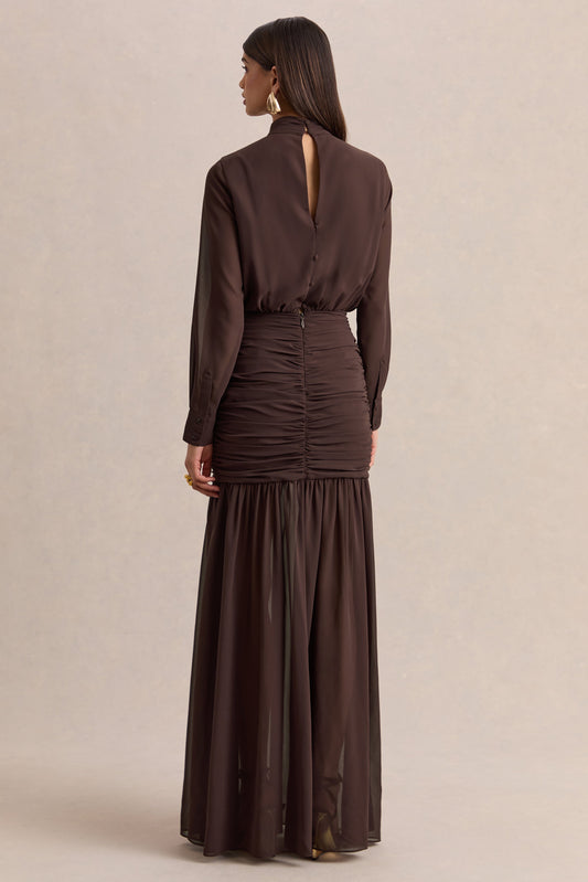 Zella | Vestido Largo Marrón Con Cuello Alto Y Falda Translúcida
