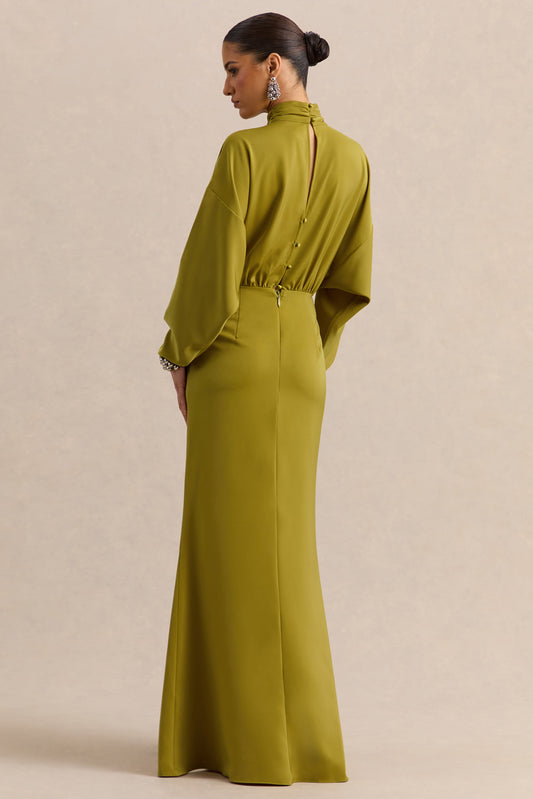 Perla | Vestido Largo Oliva Con Escote Alto Y Detalle Fruncido