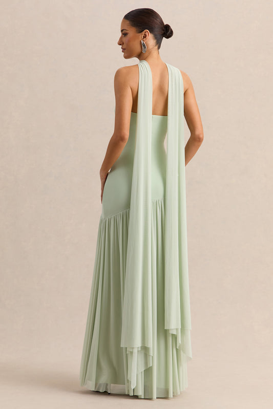 Bambi | Vestido Largo Menta Bandeau con Detalle de Pañuelo
