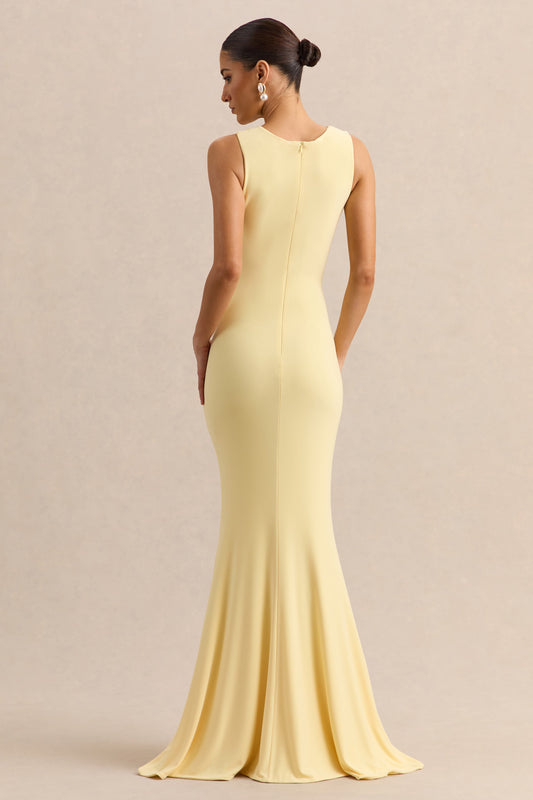 Holly | Vestido Largo Limón de Escote Pronunciado con Detalle de Torsión