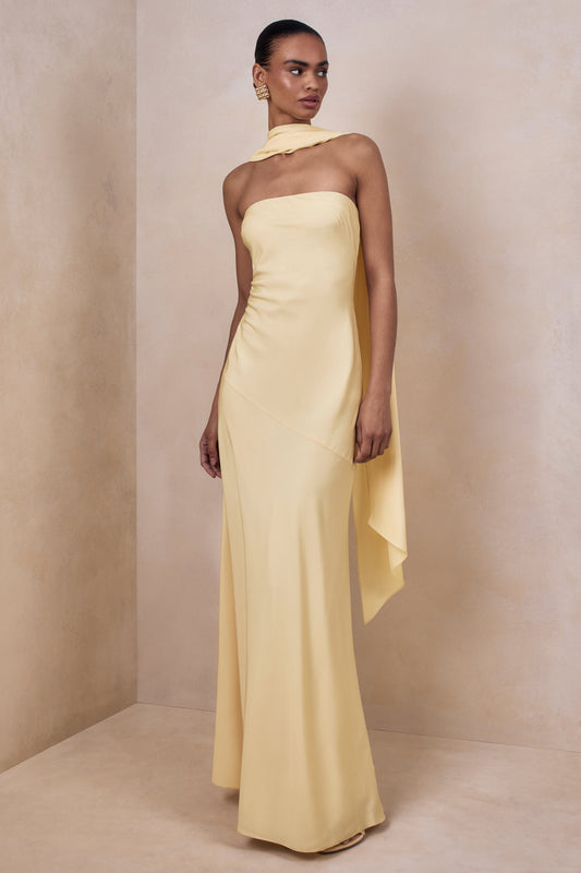 Charly | Vestido Largo Bandeau De Satén En Amarillo Limón Con Detalle De Pañuelo