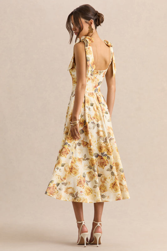Mena | Vestido Midi Limón Rose Print de Escote Cuadrado With Bow Sleeves