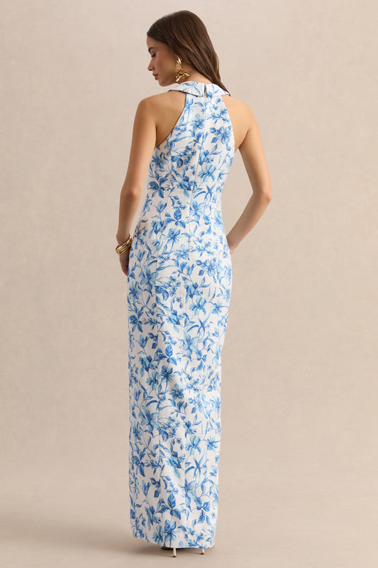 Quinn | Vestido Largo Azul Con Estampado De Porcelana De Crepé Premium Con Escote Profundo