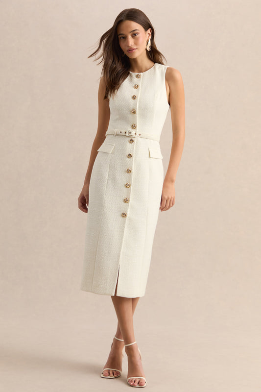 Clea | Vestido Midi Crema Con Escote Redondo, Cinturón Y Bolsillos Delanteros