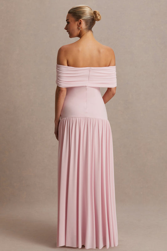 Juliette | Vestido largo rosado con escote Bardot y cintura caída
