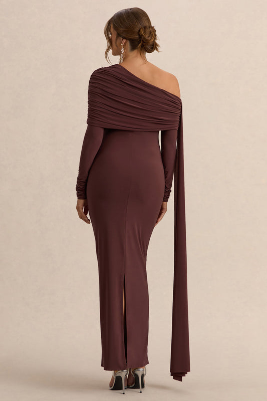 Cyra | Vestido largo marrón con escote bardot y fajín