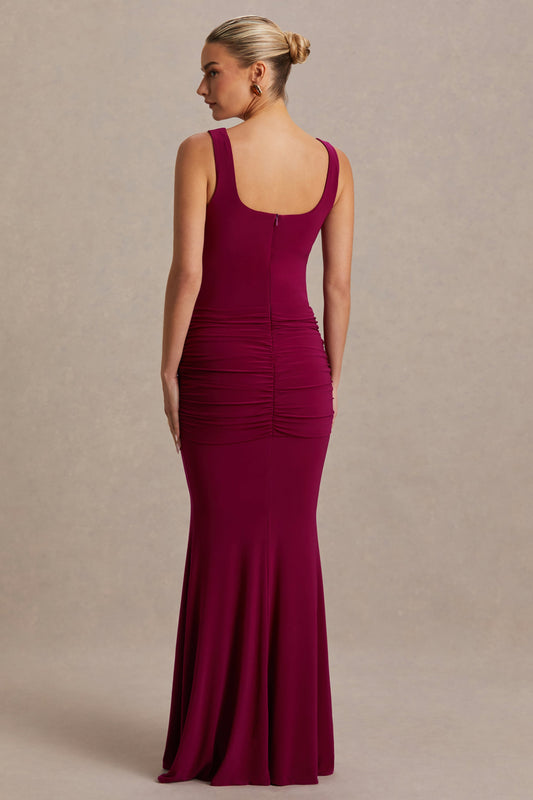 Baylin | Vestido Largo Burdeos con Escote Cuadrado, Fruncido y Fajín