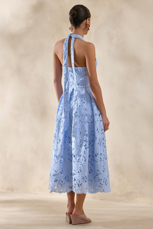 Maribel | Vestido Midi Azul celeste de Encaje con Escote Pronunciado
