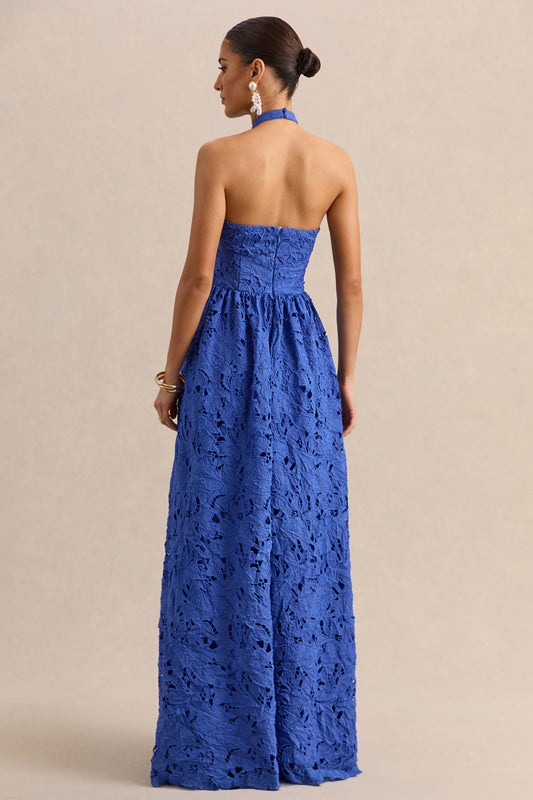Indiana | Vestido Largo Azul oscuro de Broderie Anglaise con Escote Halter