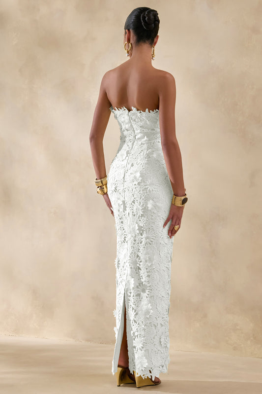 Gracie | Vestido Maxi Blanco De Encaje Con Escote Bandeau