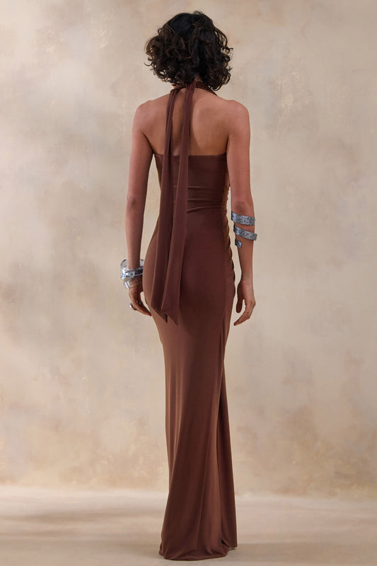 Lesley | Vestido Largo Marrón con Escote Pronunciado